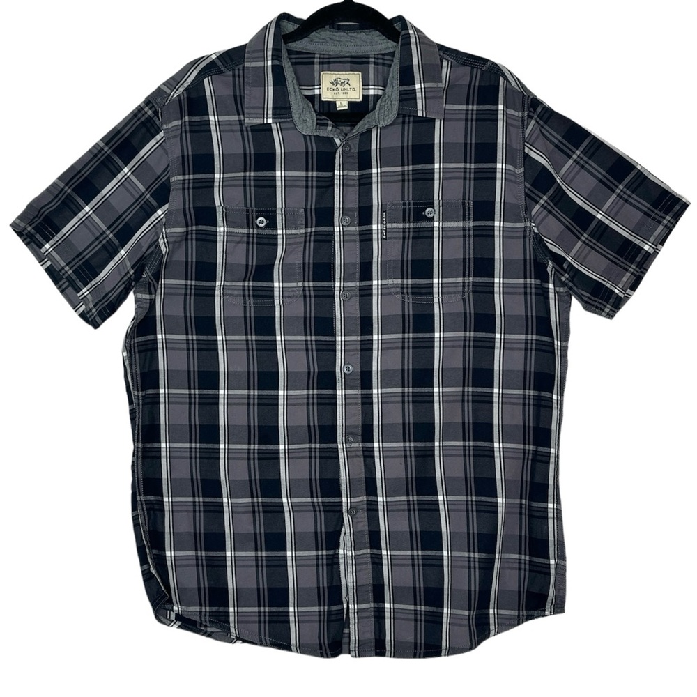 ECKO Unltd Shirt Mens Large Black/Gray Plaid Short Sleeve Button Up.